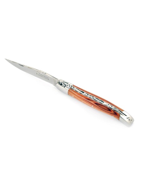 Laguiole pliant, 12 cm, abeille forgée, ciselé dessus-dessous, mitres inox brillant, manche bois de rose