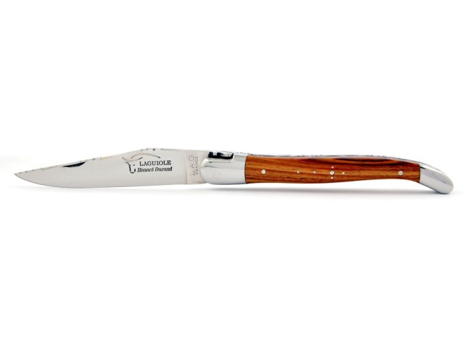 Laguiole pliant, 12 cm, abeille forgée, ciselé dessus-dessous, mitres inox brillant, manche bois de rose