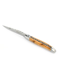 Laguiole pliant, 12 cm, abeille forgée, lame seule, ciselé dessus dessous, mitres inox brillant, manche genévrier-cade