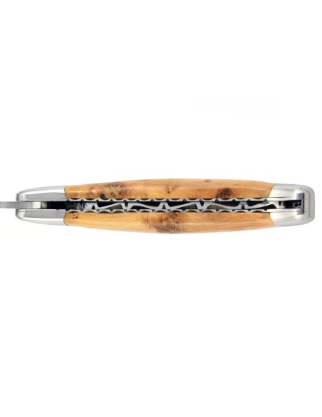 Laguiole pliant, 12 cm, abeille forgée, lame seule, ciselé dessus dessous, mitres inox brillant, manche genévrier-cade