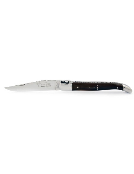 Laguiole pliant, 12 cm, lame seule, ciselé dessus dessous, mitres inox brillant, manche en pointe de corne (foncée)