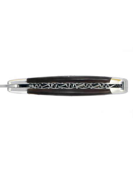 Laguiole pliant, 12 cm, lame seule, ciselé dessus dessous, mitres inox brillant, manche en pointe de corne (foncée)