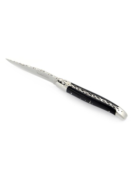 Laguiole pliant, 12 cm, abeille forgée, lame seule, ciselé dessus dessous, mitres inox brillant, manche en ébène