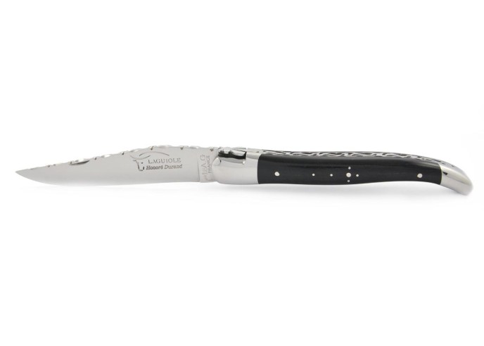 Laguiole pliant, 12 cm, abeille forgée, lame seule, ciselé dessus dessous, mitres inox brillant, manche en ébène