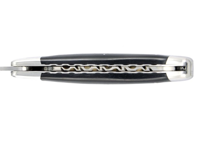 Laguiole pliant, 12 cm, abeille forgée, lame seule, ciselé dessus dessous, mitres inox brillant, manche en ébène