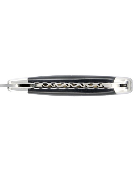 Laguiole pliant, 12 cm, abeille forgée, lame seule, ciselé dessus dessous, mitres inox brillant, manche en ébène
