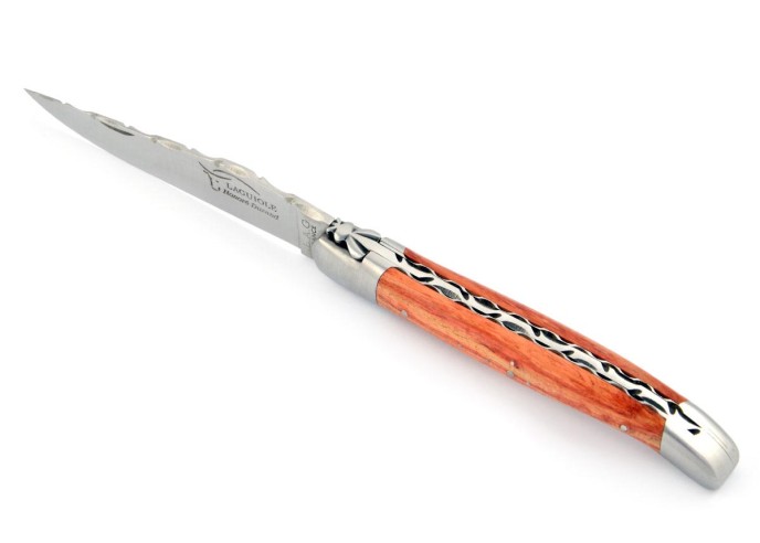 Laguiole pliant, 12 cm, abeille forgée, lame seule, ciselé dessus-dessous, mitres inox mat, manche bois de rose