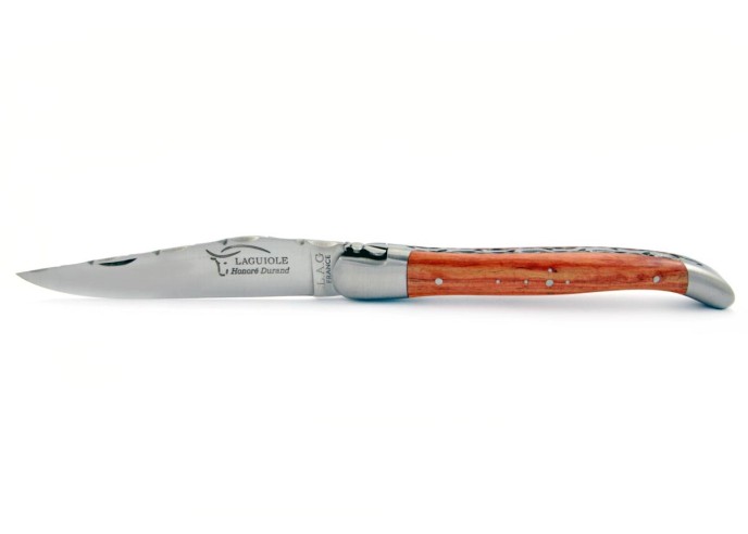 Laguiole pliant, 12 cm, abeille forgée, lame seule, ciselé dessus-dessous, mitres inox mat, manche bois de rose