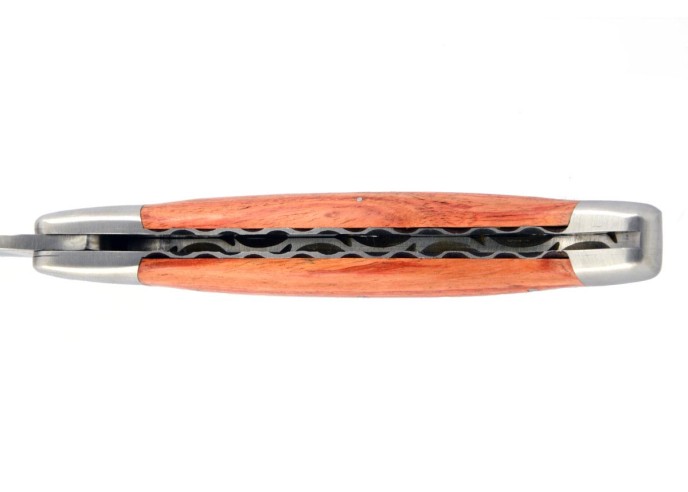 Laguiole pliant, 12 cm, abeille forgée, lame seule, ciselé dessus-dessous, mitres inox mat, manche bois de rose