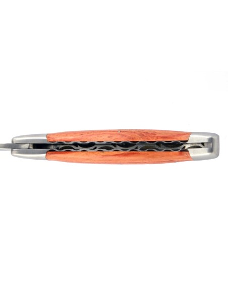 Laguiole pliant, 12 cm, abeille forgée, lame seule, ciselé dessus-dessous, mitres inox mat, manche bois de rose