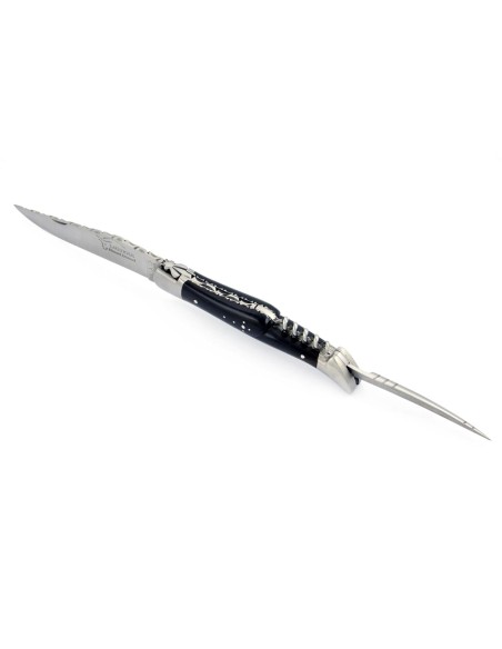 Laguiole pliant, 12 cm, lame & tire-bouchon & poinçon, ciselé dessus dessous, mitres inox mat, manche bois d'ébène