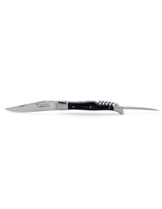 Laguiole pliant, 12 cm, lame & tire-bouchon & poinçon, ciselé dessus dessous, mitres inox mat, manche bois d'ébène 2
