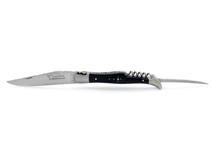 Laguiole pliant, 12 cm, lame & tire-bouchon & poinçon, ciselé dessus dessous, mitres inox mat, manche bois d'ébène