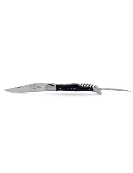 Laguiole pliant, 12 cm, lame & tire-bouchon & poinçon, ciselé dessus dessous, mitres inox mat, manche bois d'ébène