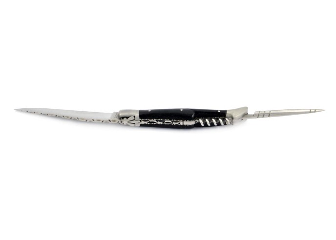 Laguiole pliant, 12 cm, lame & tire-bouchon & poinçon, ciselé dessus dessous, mitres inox mat, manche bois d'ébène