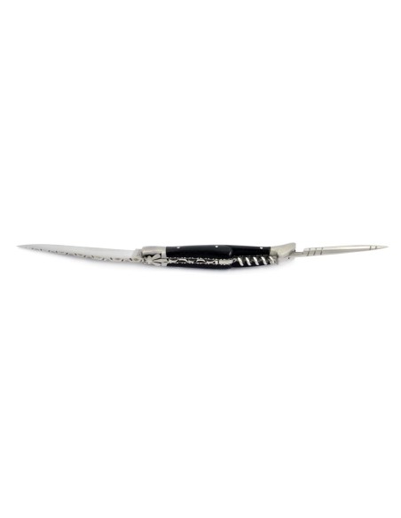Laguiole pliant, 12 cm, lame & tire-bouchon & poinçon, ciselé dessus dessous, mitres inox mat, manche bois d'ébène