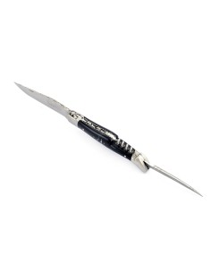 Laguiole pliant 12 cm,  lame & tire-bouchon & poinçon, ciselé dessus dessous, mitres inox mat, manche pointe de corne