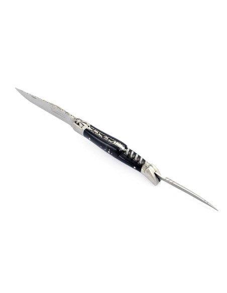 Laguiole pliant 12 cm,  lame & tire-bouchon & poinçon, ciselé dessus dessous, mitres inox mat, manche pointe de corne