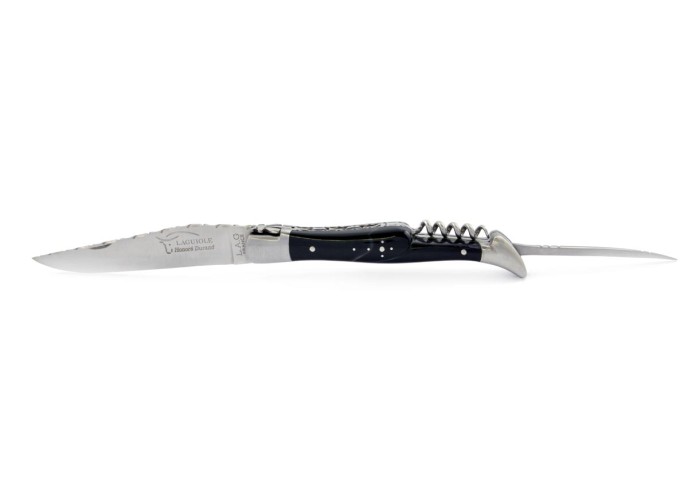 Laguiole pliant 12 cm,  lame & tire-bouchon & poinçon, ciselé dessus dessous, mitres inox mat, manche pointe de corne