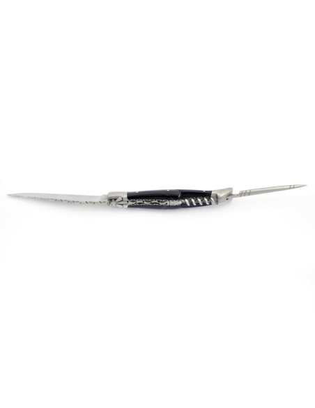 Laguiole pliant 12 cm,  lame & tire-bouchon & poinçon, ciselé dessus dessous, mitres inox mat, manche pointe de corne