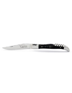Laguiole pliant 12 cm, lame & tire-bouchon, ciselé dessus dessous,  mitres inox brillant, manche pointe de corne (foncée) 2