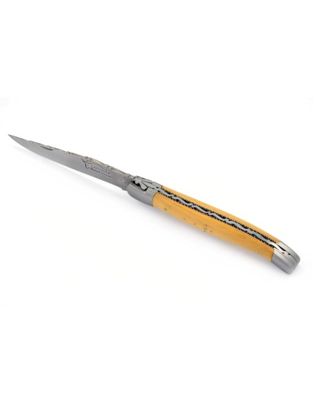 Laguiole pliant, 13 cm, abeille forgée, lame seule, ciselé dessus dessous, mitres inox mat, manche en buis