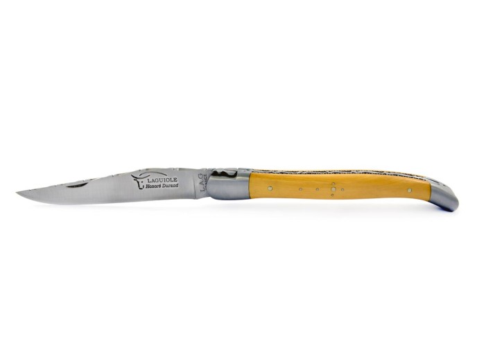 Laguiole pliant, 13 cm, abeille forgée, lame seule, ciselé dessus dessous, mitres inox mat, manche en buis