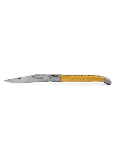 Laguiole pliant, 13 cm, abeille forgée, lame seule, ciselé dessus dessous, mitres inox mat, manche en buis