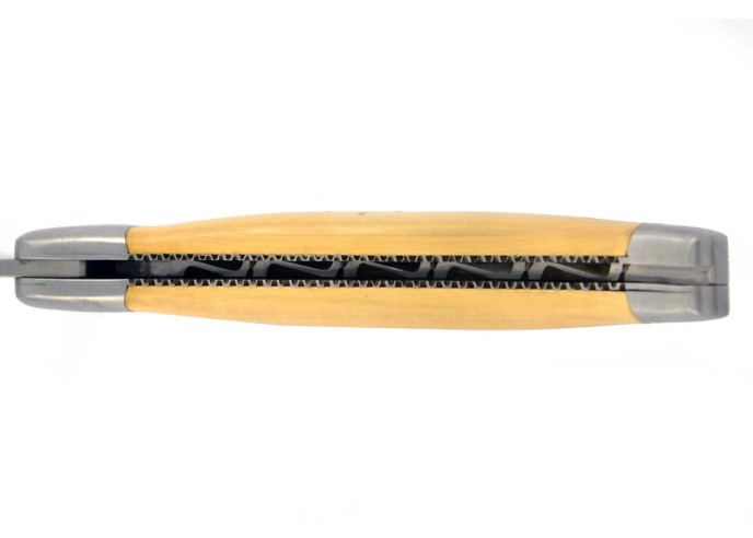 Laguiole pliant, 13 cm, abeille forgée, lame seule, ciselé dessus dessous, mitres inox mat, manche en buis