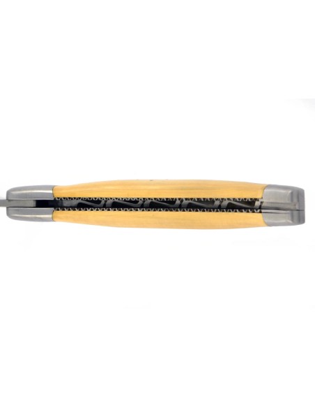 Laguiole pliant, 13 cm, abeille forgée, lame seule, ciselé dessus dessous, mitres inox mat, manche en buis