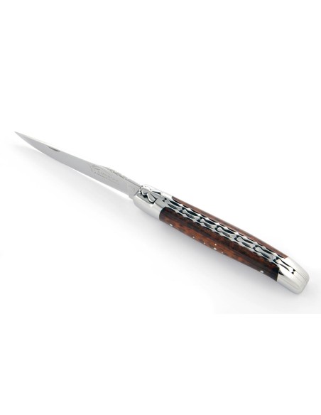Laguiole pliant, 12 cm, abeille forgée, lame seule, doubles platines ciselées, mitres inox brillant, manche bois d'amourette