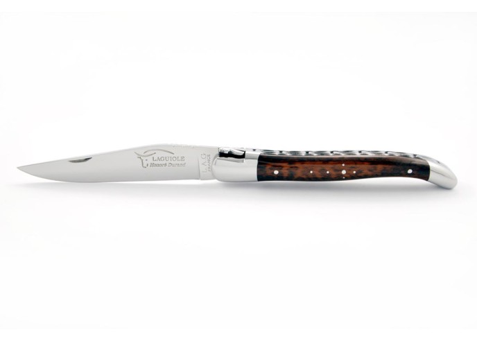Laguiole pliant, 12 cm, abeille forgée, lame seule, doubles platines ciselées, mitres inox brillant, manche bois d'amourette