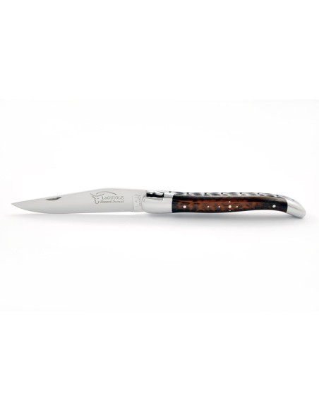 Laguiole pliant, 12 cm, abeille forgée, lame seule, doubles platines ciselées, mitres inox brillant, manche bois d'amourette