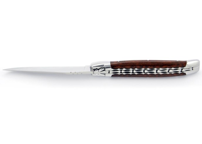 Laguiole pliant, 12 cm, abeille forgée, lame seule, doubles platines ciselées, mitres inox brillant, manche bois d'amourette