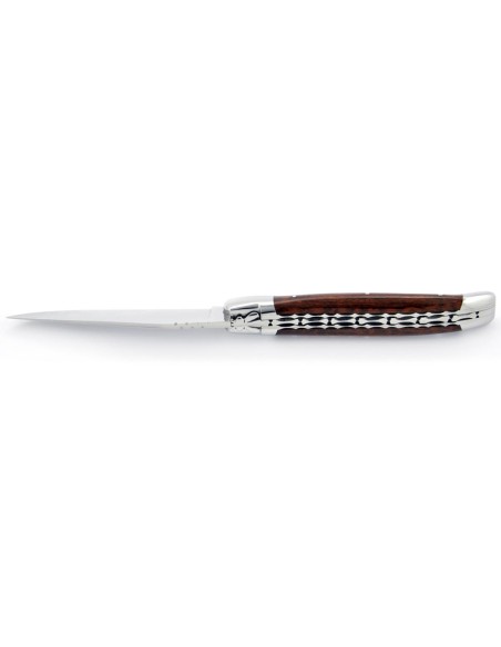 Laguiole pliant, 12 cm, abeille forgée, lame seule, doubles platines ciselées, mitres inox brillant, manche bois d'amourette