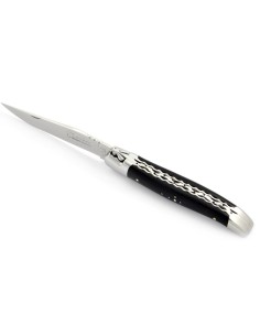 Laguiole pliant, 12 cm, abeille forgée, lame seule, doubles platines ciselées, mitres inox brillant, manche bois d'ébène