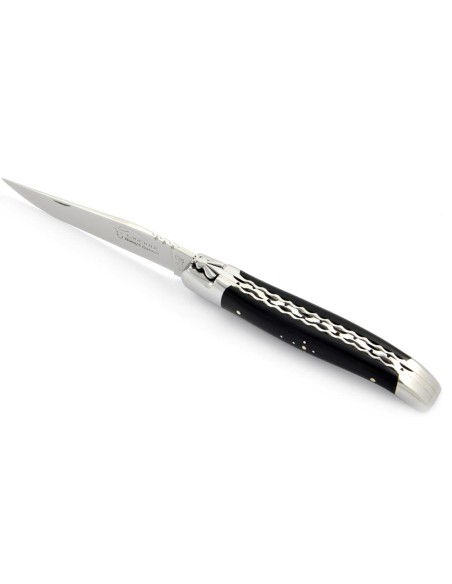 Laguiole pliant, 12 cm, abeille forgée, lame seule, doubles platines ciselées, mitres inox brillant, manche bois d'ébène