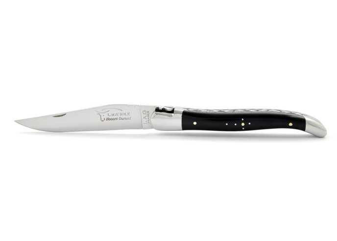 Laguiole pliant, 12 cm, abeille forgée, lame seule, doubles platines ciselées, mitres inox brillant, manche bois d'ébène