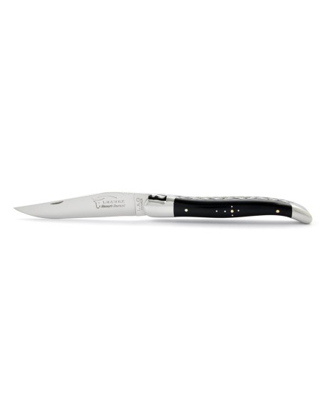 Laguiole pliant, 12 cm, abeille forgée, lame seule, doubles platines ciselées, mitres inox brillant, manche bois d'ébène