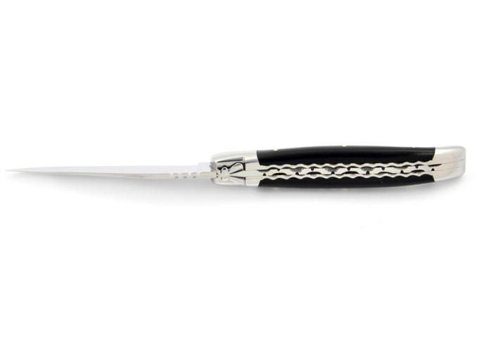 Laguiole pliant, 12 cm, abeille forgée, lame seule, doubles platines ciselées, mitres inox brillant, manche bois d'ébène