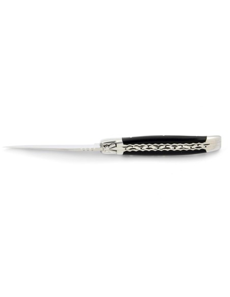 Laguiole pliant, 12 cm, abeille forgée, lame seule, doubles platines ciselées, mitres inox brillant, manche bois d'ébène