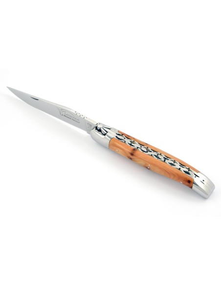 Laguiole pliant 11cm, abeille forgée, lame seule, doubles platines ciselées, mitres inox brillant, manche genévrier cade