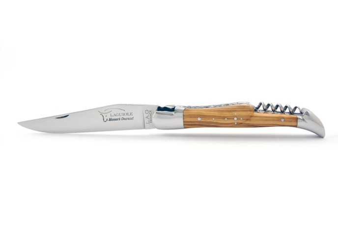 Laguiole pliant, 12 cm, abeille forgée, lame & tire-bouchon, doubles platines ciselées, mitres inox brillant, manche olivier