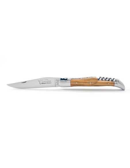 Laguiole pliant, 12 cm, abeille forgée, lame & tire-bouchon, doubles platines ciselées, mitres inox brillant, manche olivier
