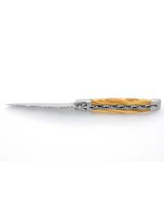 Laguiole pliant 12 cm, abeille forgée, doubles platines avec dos de lame entier ciselé, mitres inox mat, manche olivier 2