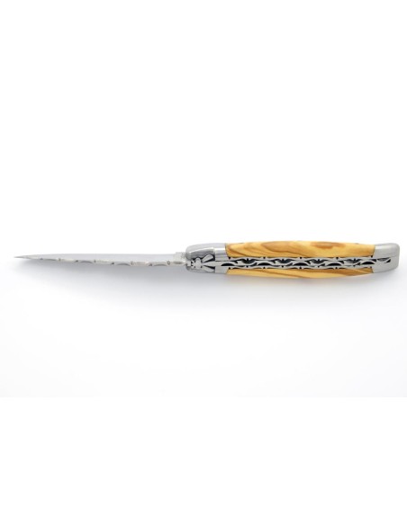 Laguiole pliant 12 cm, abeille forgée, doubles platines avec dos de lame entier ciselé, mitres inox mat, manche olivier