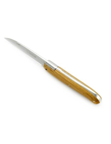 Laguiole pliant "Antique" 12 cm, abeille forgée lisse, plein manche inox brillant, manche chêne de barrique