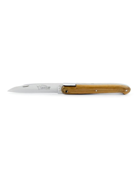 Laguiole pliant "Antique" 12 cm, abeille forgée lisse, plein manche inox brillant, manche chêne de barrique