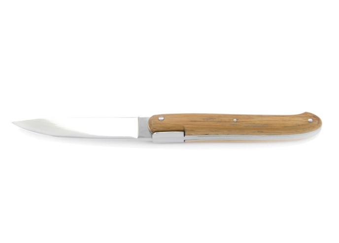 Laguiole pliant "Antique" 12 cm, abeille forgée lisse, plein manche inox brillant, manche chêne de barrique