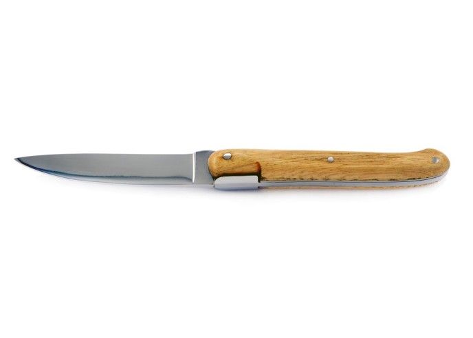 Laguiole pliant "Antique" 12 cm, abeille forgée lisse, plein manche inox brillant, manche châtaignier